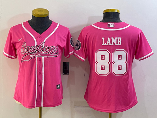 Women's Dallas Cowboys #88 CeeDee Lamb Pink With Patch Cool Base Stitched Baseball Jersey(Run Small)